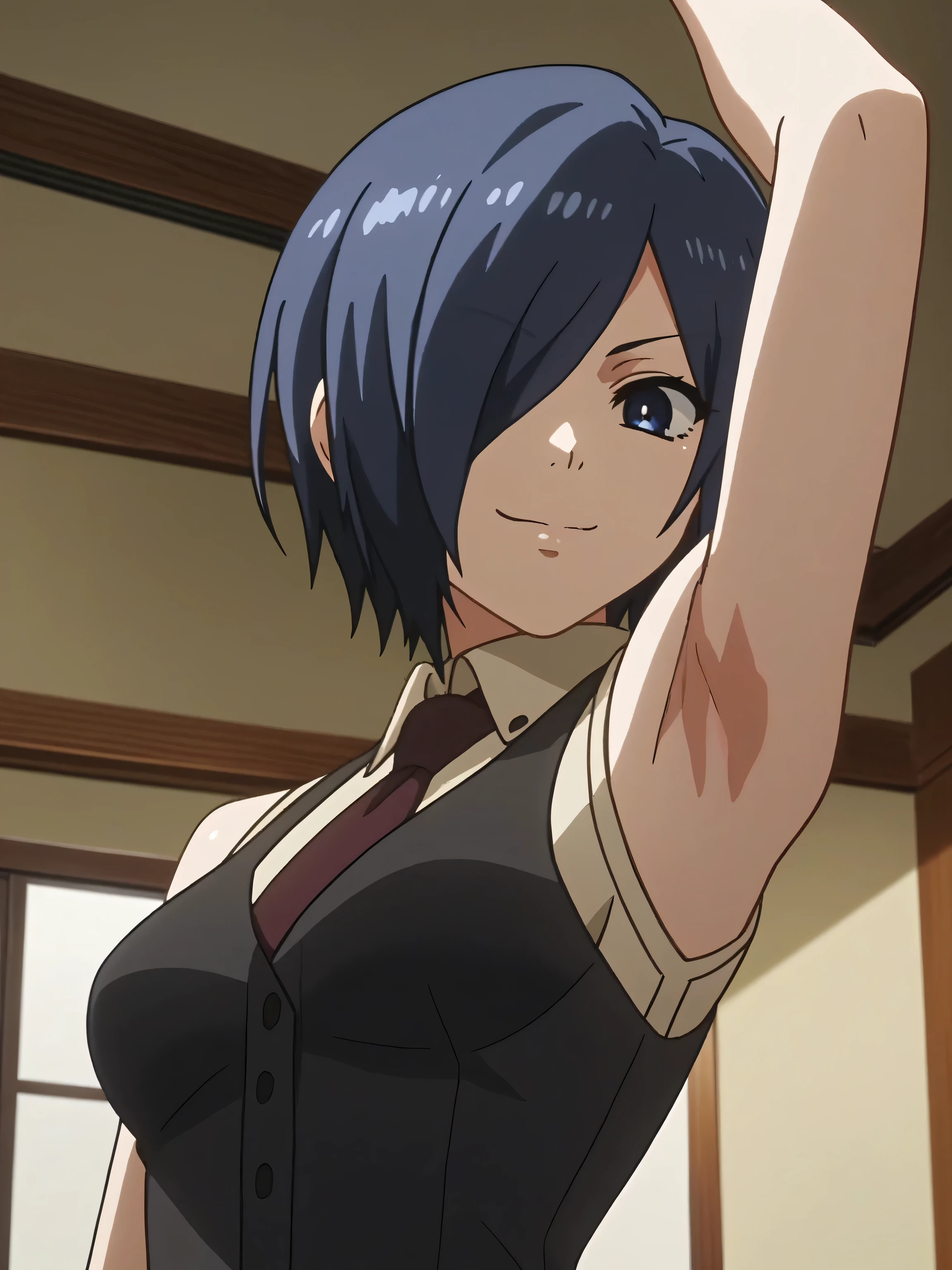 score_9, score_8_up, score_7_up, source_anime, anime screencap, indoors, 1girl, solo, kirishima touka, blue hair, hair over one eye, blue eyes, medium breasts, white shirt, sleeveless shirt, necktie, black vest, bare shoulders, bare arms, looking at viewer, eye contact with viewer, smile, closed mouth, arm up, raised arm, armpit, from side, from below, pinning down viewer 