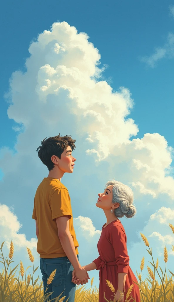 A 17 year boy with his maternal grandmother showing something to her in clouds
