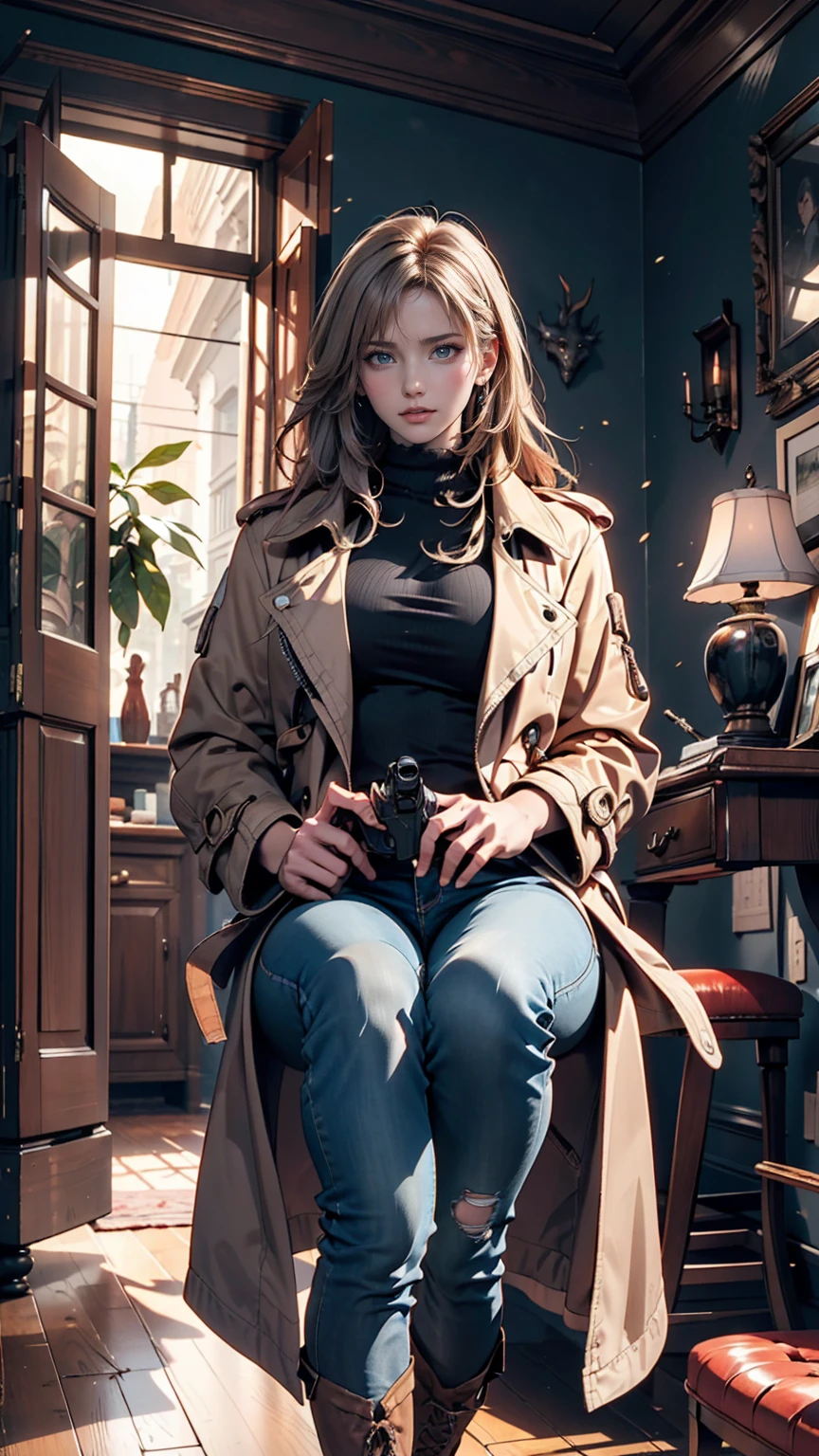 (Suspense Scene ((Concept Art)), Highly detailed image of a girl in jeans and a brown coat and boots), (Better lighting, Better Shadows, Very delicate and scary), (Digital Illustration), ((4K Painting)), [(Dynamic Angle,((One person)),Gray Hair, (Beautiful Face, Perfect Face, Scared,) Expressions of fear, Torn clothes, Holding a gun in your hand, Sitting on the floor, darkness, Scary House),  [:(dark, mysterious, Game Paint, An ominous setting, Jagged Hallway, Big House, silence):]