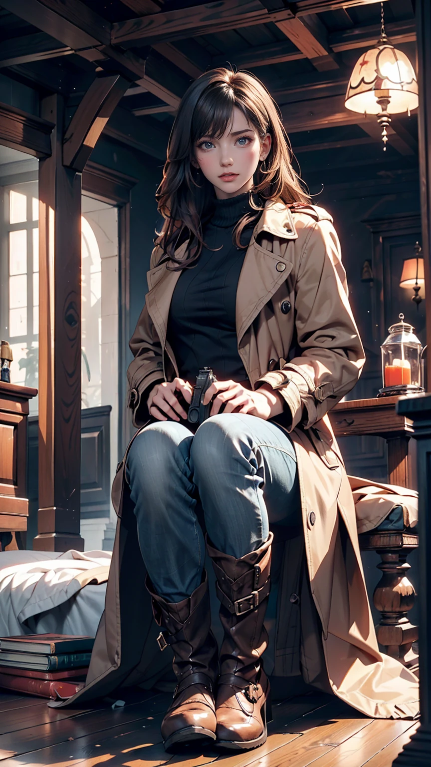 (Suspense Scene ((Concept Art)), Highly detailed image of a girl in jeans and a brown coat and boots), (Better lighting, Better Shadows, Very delicate and scary), (Digital Illustration), ((4K Painting)), [(Dynamic Angle,((One person)),Gray Hair, (Beautiful Face, Perfect Face, Scared,) Expressions of fear, Torn clothes, Holding a gun in your hand, Sitting on the floor, darkness, Scary House),  [:(dark, mysterious, Game Paint, An ominous setting, Jagged Hallway, Big House, silence):]