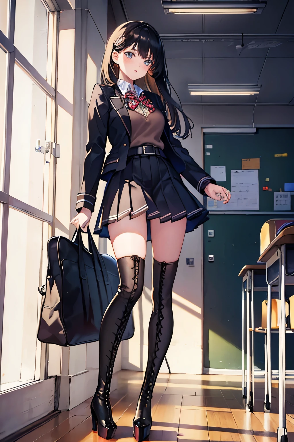 girl, standing, school, classroom, thigh high boots, platform boots, school uniform, lace up boots, high heels