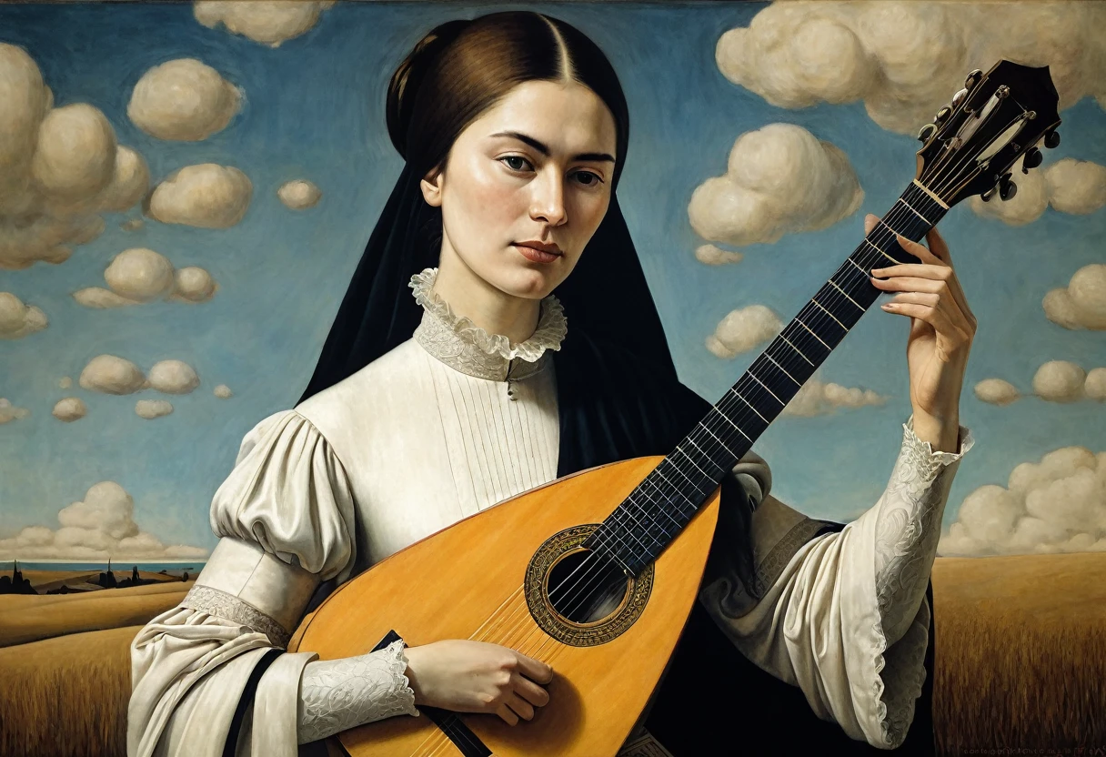 painting of a woman with a guitar in her hand, lute, holding a lute, playing a lute, dmitry kochanovich, benjamin vniuk, inspired by matthieu le nan, guitarist, world of the lute, rene magritte. detailing, santiago caruso style, elena belova, victor denis, wood tempera, chie yoshii