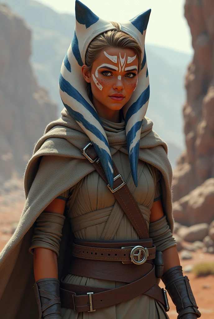 A young adult jedi, Ashoka TANO, on adventure, with lots of scars on hee face, her hair in a bun wearing a grey cloak with an adventures outfit underneath