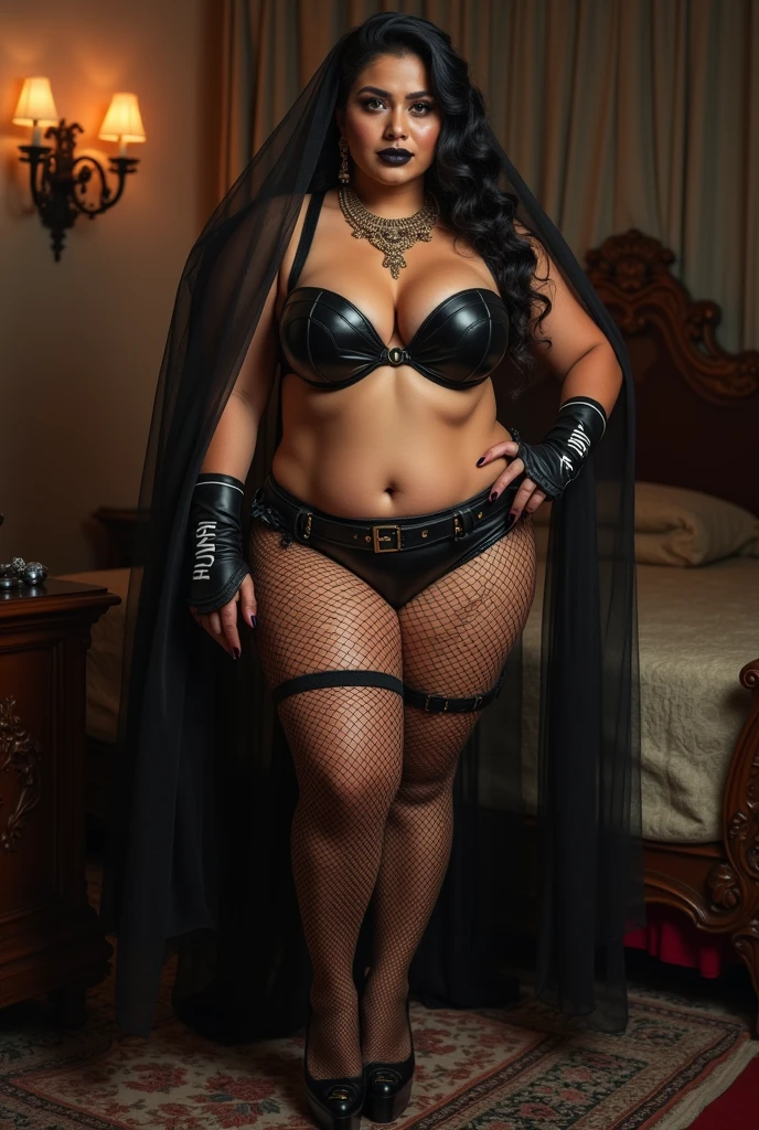 INDIAN BRIDE, Wet , ????? , mistress, hunter, Wet BBW PAWG CHUBBY CURVY FAT ASS CURVY mistress her big ass in leather thong and big cleavage in leather bra, dark black lipstick,high heels, inside bedroom , pantyhose, strapon dildo, ????? , femdom, cruel mistress, sex toys,hand gloves with HUNTER and tattoo and strap in neck, Full body picture, VEIL SAREE