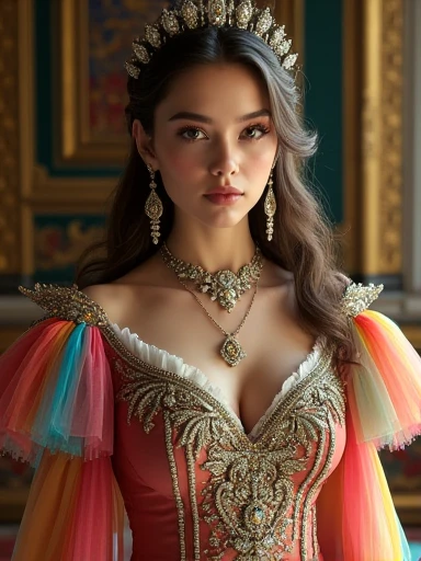 an ultra hot gorgeous European woman.age 23. Cleavage. beautiful queen wearing an elaborate colorful dress, intricate embroidery and jewels, posing gracefully, (best quality,4k,8k,highres,masterpiece:1.2),ultra-detailed,(realistic,photorealistic,photo-realistic:1.37),hyper detailed face, stunning eyes, full lips, long eyelashes, volumetric lighting, cinematic lighting, vibrant colors, rainbow color palette, ornate background, palace interior, Renaissance style, digital painting, oil painting