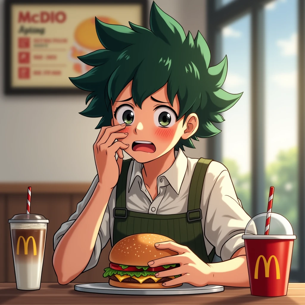 Izuku Midoriya working at a McDonald’s and crying