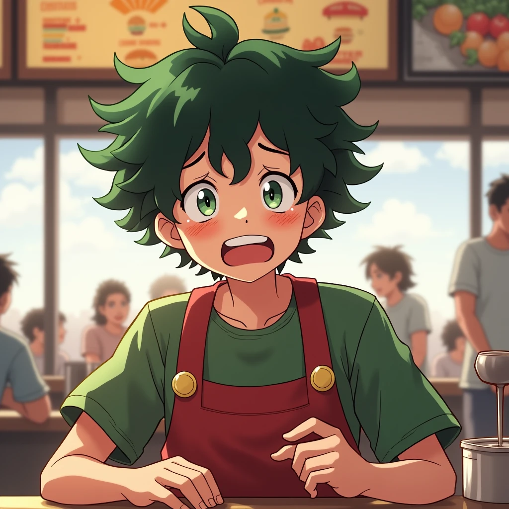 Izuku Midoriya working at a McDonald’s and crying