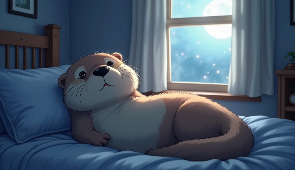 (Highest quality,expensive:1.2),Realistic,Stick Figures,Anime Big Tits,Cute sea otter,(night,Moonlight was streaming in through the little otter's bedroom window.,It lit up a corner of the room.)