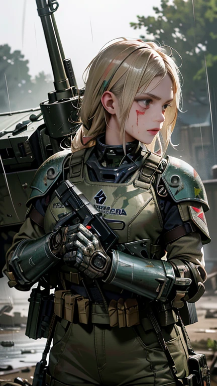 Postapocalyptic combat scene with a Beautiful hyperrealistic photograph of cute Young Swedish woman with Runic tattoos, ((dirty face Blood splattered)), (((wearing full heavy mecha armor, combat harness, Neon highlights))) Short Red Dreadlocks, combat pose, (((Holding on to the side of a combat Sci-Fi Combat helicopter))), exterior of Destroyed building, Fires, Smoke, debris, Camo netting, Ammo Boxes, Rain, Stormy, Wet, abstract beauty, near perfection, pure form, intricate detail, 8k post-production, High resolution, super Detail, trending on ArtStation, sharp focus, studio photos, intricate detail, Very detailed, By Greg Rutkowski