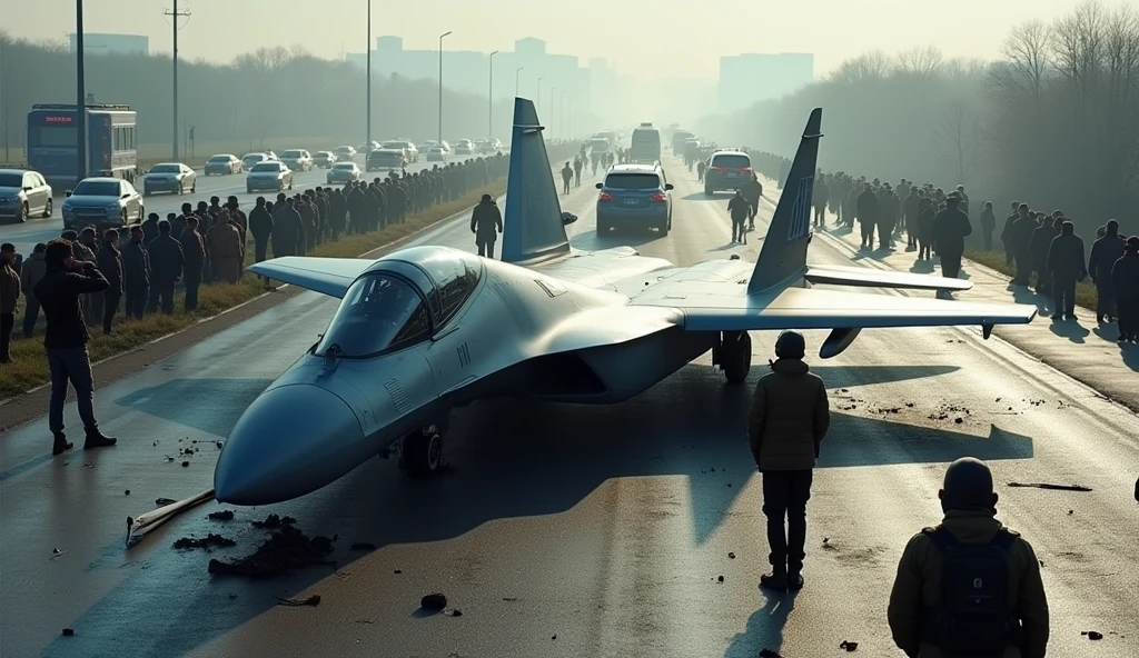 Russia's most expensive SU-57 fighter jet crashes on a highway and is surrounded by people.
