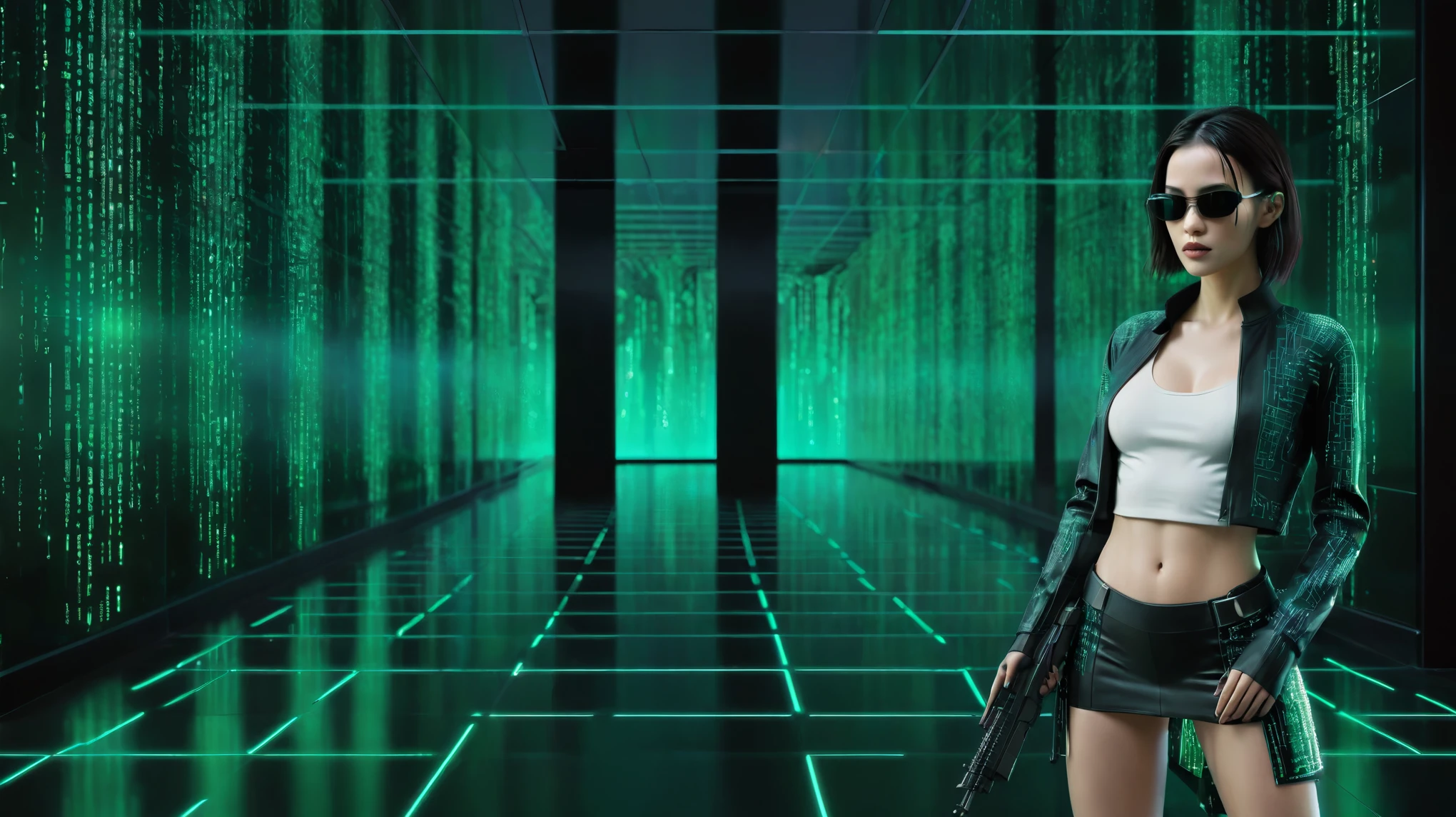 in The Matrix world, circuit style floor, Matrix code cascading on the glass wall, projected image of an outlined light-blue holographic humanoid-female-head-only hairless AI system submerged into the wall at the far end, high contrast, deep focus, the iconic green and black color palette, cyberpunk aesthetic, ultra realistic, breathtaking surreal masterpiece. At night, (1girl, solo), photorealistic, medium-breast:1.3 slim body, cleavage, matrix style costume with miniskirt, (matrix style black sunglasses, holding a short gun), half-body thigh level medium shot, cinematic lighting, ray tracing.