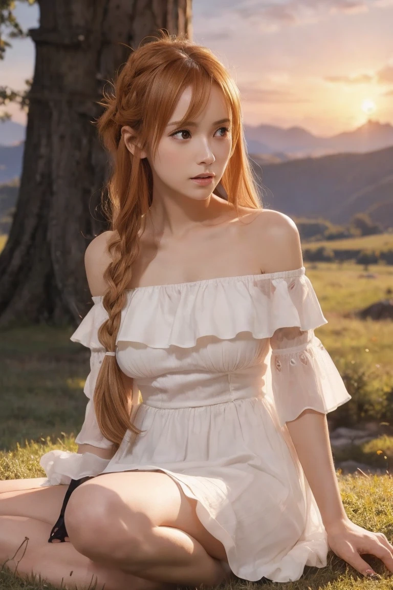 score_9, score_8_up, score_7_up, score_6_up, uncensored, Asuna Yuuki long hair, orange hair, fold hair, braid, orange eyes, breasts, epic art, fantasy, 1girl, grass, boy x girl, chearing girl with ojiisan/old man, (1girl with 1robust_old_man), barefoot, sitting, breasts, mountain, sunset, dress, bare_shoulders, outdoors, looking_at_viewer, off_shoulder, field, sky, lake, collarbone, mountainous_horizon, indian_style, twilight, tree, black_dress, large_breasts, scenery, medium_breasts, feet, off-shoulder_dress, (bokeh:1.3), rock, 