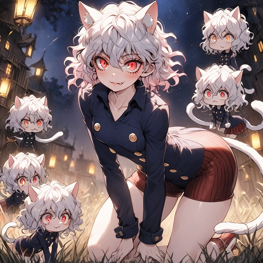 1girl, neferpitou, short hair, red eyes, animal ears, tail, white hair, cat ears, cat tail, curly hair, long sleeves, shorts, model's expressiion, silver hair, short and curly hair, cat ears, red eyes, large pupils, double eyelids, slender eyebrows, long eyelashes, small nose, small mouth, sharp jawline, blue military-style coat, six gold buttons, short red striped skirt, high collar, long sleeves, slender wrists, flexible fingers, white skin, cat-like claws, red striped knee-high socks, blue shoes, sturdy soles, slender ankles, small feet, long legs, muscular thighs, thin waist, wide shoulders, cat-like gaze, long neck, straight shoulder line, straight back, muscular arms, long fingers, firm upper arms, soft hands, small palms, cat-like smile, serious furrowed brows, pointed ears, pink inside of ears, thin eyelids, upward curled eyelashes, vertical slit pupils, cat whisker-like cheek markings, many lower eyelashes, small nostrils, thin lips, pointed chin, protruding collarbones, straight posture, high hips, muscular thighs, pointed knees, well-fitted socks, neatly tied shoelaces, soft cat ears, rounded ear tips, soft fluffy hair, thin eyebrows, light pink lips, white teeth, well-shaped lips, smooth skin, sensitive ears, reflective pupils, heavy eyelids, slightly curved cat ears, well-fitted coat, wide skirt hem, shining buttons, slightly old shoes, hair waving in wind, sparkling pupils, moving cat ears, nighttime forest background, moonlight, starry night sky, G-cup chest, cocky cat-like expression, thick glossy thighs and hips, detailed texture of hair and clothing, light and shadow contrast, background details including swaying grass and old building, specific lighting conditions with moonlight casting shadows, detailed coloration of outfit with deep blue and red stripes, intricate design of buttons, and emotional depth in expressions showing defiance, joy, and determination.