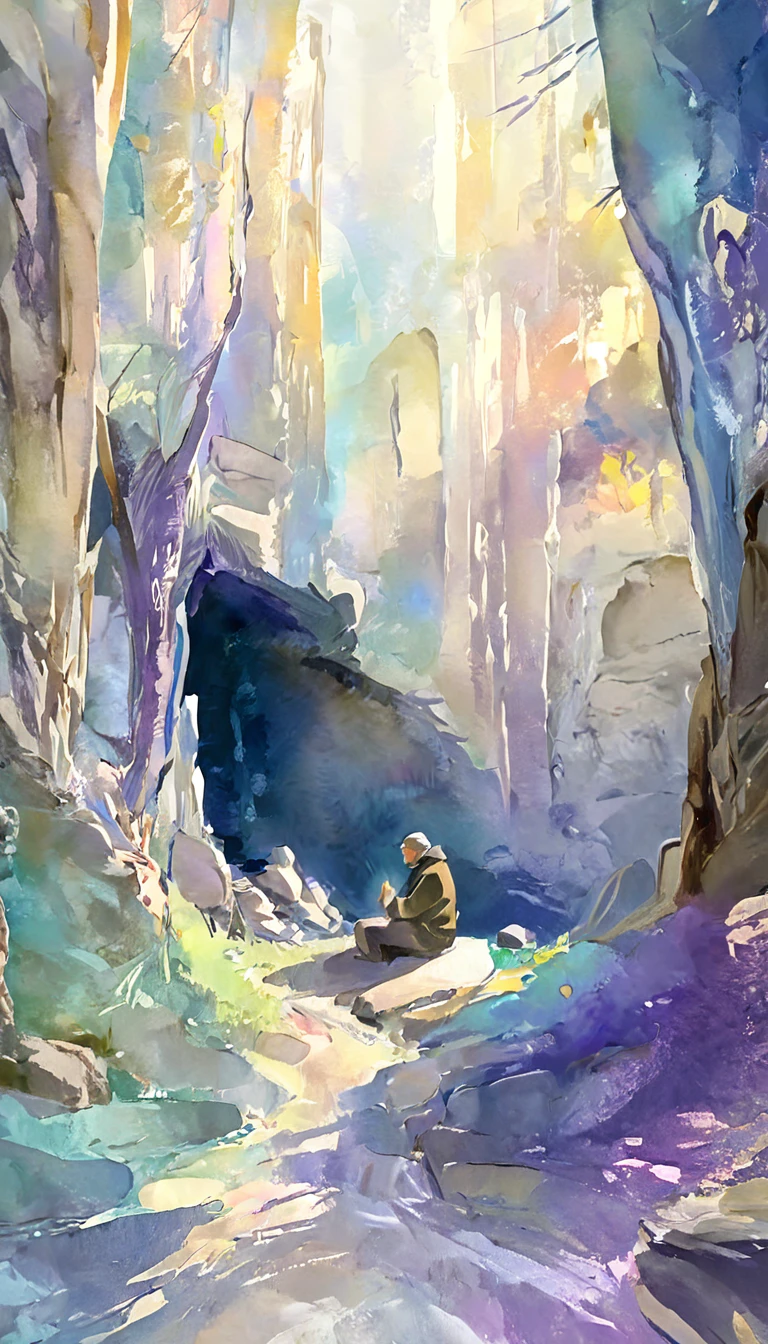 "Create a peaceful and spiritual video in a pastel watercolor artwork style. Depict a man sitting quietly under the shelter of a dark, towering cave, hands clasped in prayer. Gentle, golden light streams down from an opening above, softly illuminating the man and the area around him, symbolizing divine protection. The cave’s rocky, textured walls stand as a metaphor for life’s challenges, while the light represents God's shielding presence in the midst of these struggles. The entire scene should evoke a sense of calm, reverence, and hope, using soft, muted pastel colors to enhance the tranquility."