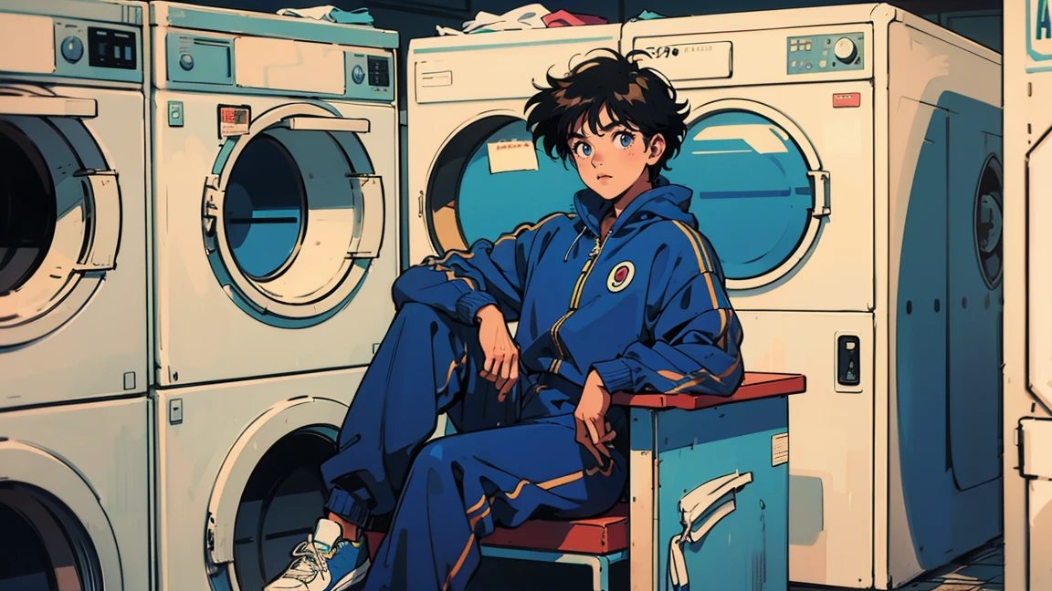 ultra high quality, 80s anime style, cute girl, 21 years old, wearing sweatsuit, coin laundry, sitting, looking at viewer, alone in laundromat, retro atmosphere