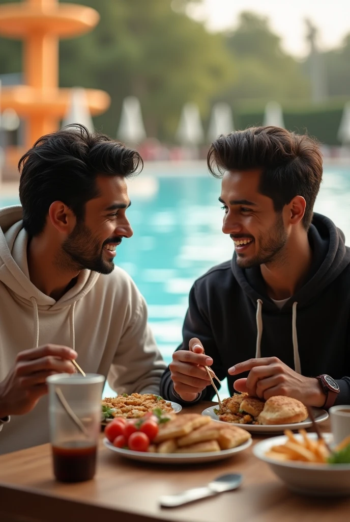 A realistic  of two stylish indian young man wearing hoodies sitting on dyning table having their lunch with fair skin,Balck hair and black eyebrows with soft smile, high resolution, iphone 14 pro max , focus on details skin, behind the seen water park with low light sun reflection.,