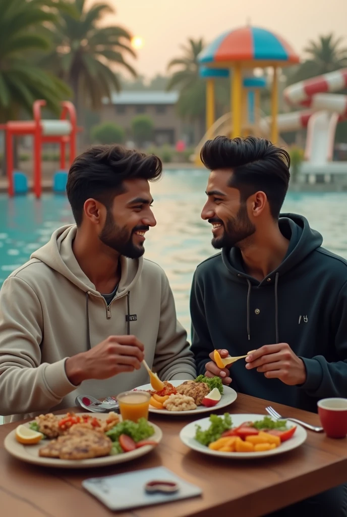 A realistic  of two stylish indian young man wearing hoodies sitting on dyning table having their lunch with fair skin,Balck hair and black eyebrows with soft smile, high resolution, iphone 14 pro max , focus on details skin, behind the seen water park with low light sun reflection.,