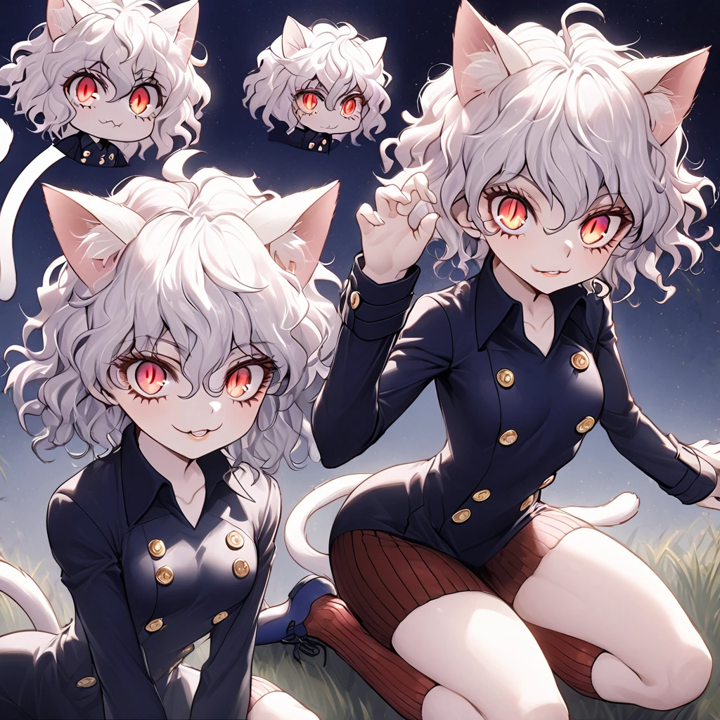 1girl, neferpitou, short hair, red eyes, animal ears, tail, white hair, cat ears, cat tail, curly hair, long sleeves, shorts, model's expressiion, silver hair, short and curly hair, cat ears, red eyes, large pupils, double eyelids, slender eyebrows, long eyelashes, small nose, small mouth, sharp jawline, blue military-style coat, six gold buttons, short red striped skirt, high collar, long sleeves, slender wrists, flexible fingers, white skin, cat-like claws, red striped knee-high socks, blue shoes, sturdy soles, slender ankles, small feet, long legs, muscular thighs, thin waist, wide shoulders, cat-like gaze, long neck, straight shoulder line, straight back, muscular arms, long fingers, firm upper arms, soft hands, small palms, cat-like smile, serious furrowed brows, pointed ears, pink inside of ears, thin eyelids, upward curled eyelashes, vertical slit pupils, cat whisker-like cheek markings, many lower eyelashes, small nostrils, thin lips, pointed chin, protruding collarbones, straight posture, high hips, muscular thighs, pointed knees, well-fitted socks, neatly tied shoelaces, soft cat ears, rounded ear tips, soft fluffy hair, thin eyebrows, light pink lips, white teeth, well-shaped lips, smooth skin, sensitive ears, reflective pupils, heavy eyelids, slightly curved cat ears, well-fitted coat, wide skirt hem, shining buttons, slightly old shoes, hair waving in wind, sparkling pupils, moving cat ears, nighttime forest background, moonlight, starry night sky, G-cup chest, cocky cat-like expression, thick glossy thighs and hips, detailed texture of hair and clothing, light and shadow contrast, background details including swaying grass and old building, specific lighting conditions with moonlight casting shadows, detailed coloration of outfit with deep blue and red stripes, intricate design of buttons, and emotional depth in expressions showing defiance, joy, and determination.