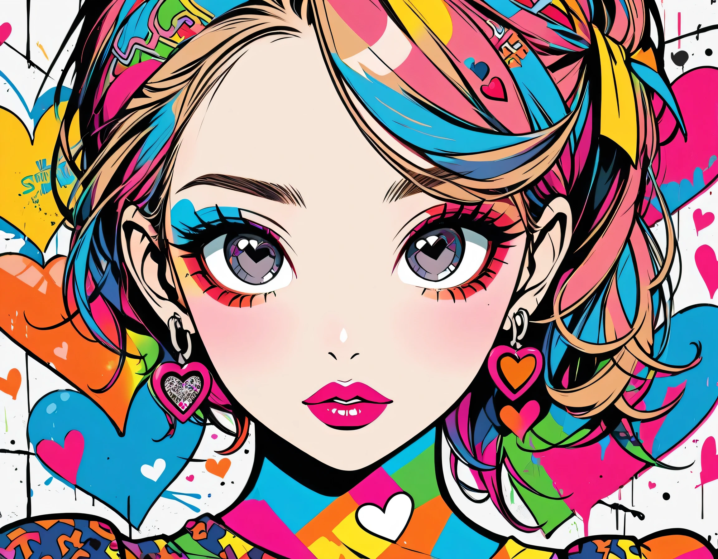 Ultra-realism Keith Haring colorful style, Simple Line Initialism，Abstract art，(((The most beautiful girl of all time))), Sweet face. Lips in love, colorful hearts, stylish design, Summer Skull fashion, Dark Eyes, Graffiti on the wall