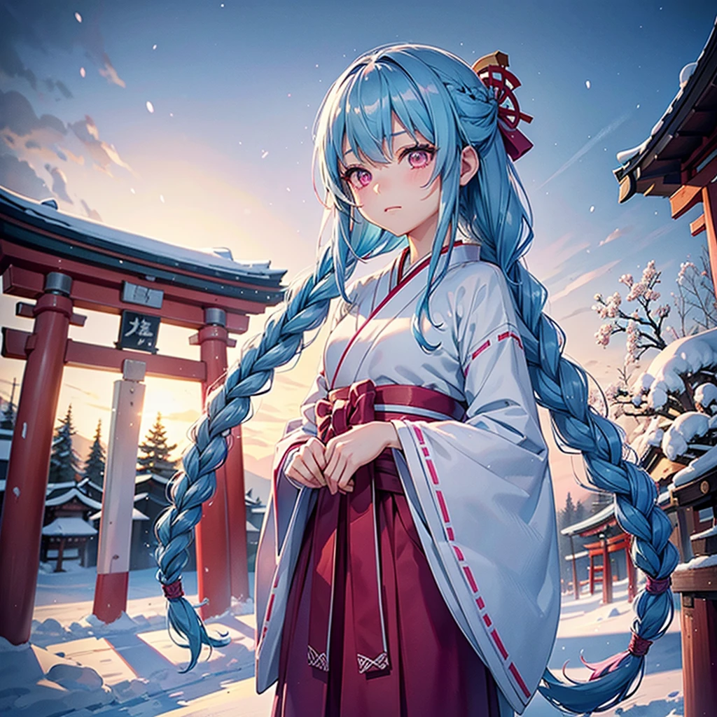 (Tying her sky blue hair into a single braid),(Pink Eyes),Fair skin,whole body,alone,Snowy Night,Drawing a fortune at a temple,torii,Shrine maiden、masterpiece, Highest quality, Very detailed, Best Shadow,Detailed Background,Beautifully detailed face,High Contrast,Best lighting, Very delicate and beautiful,Cinematic Light,Hyper Detail,8k,Dramatic Light,Exquisite detail,