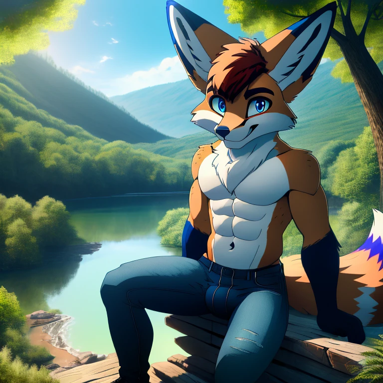 best quality, (masterpiece), (ultra detailed), (high quality), (high resolution), nj5furry, tall handsome  red fennec fox, strong abs, army tag, white and blue hair, white and blue fluffy fox tail, orange white and blue fur, fennec fox ears, beautiful big fox nose, beautiful detailed eyes, sitting, , black jeans, nature, male, happy, white fur,  body, 