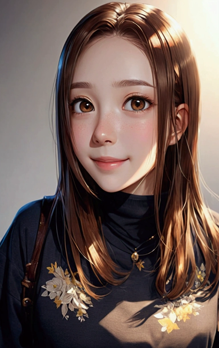 anime、Brown Hair、Forehead、White T-shirt、Detailed smile、、(((beautiful fine hair))),(((beautiful fine face))),(((beautiful fine background))),