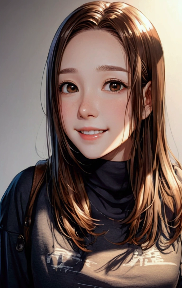 anime、Brown Hair、Forehead、White T-shirt、Detailed smile、、(((beautiful fine hair))),(((beautiful fine face))),(((beautiful fine background))),