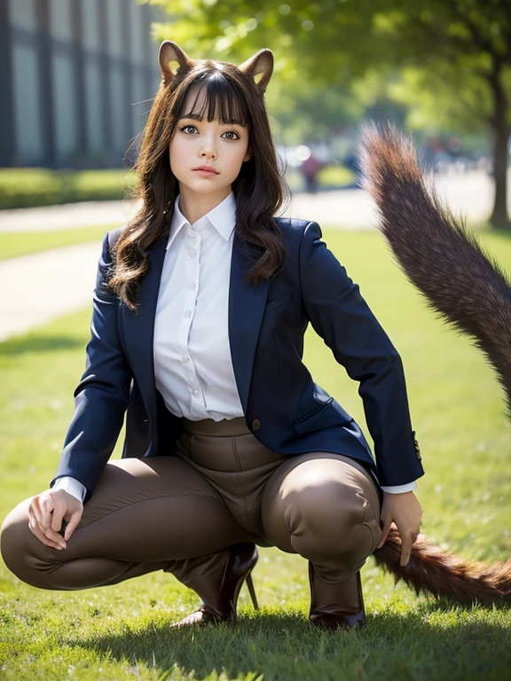 ((Highest quality, 8k)), ((masterpiece)), (Highest Resolution), Perfect Face, Squirrel-eared woman, Female college student, Beautiful woman, public, One tail, she has thick thighs, Large squirrel tail, She has a brown squirrel tail, She wags her tail, Troubled face, Fur collar, She is wearing business pants, Beautiful Hips , The squirrel tail sticks out from her panties