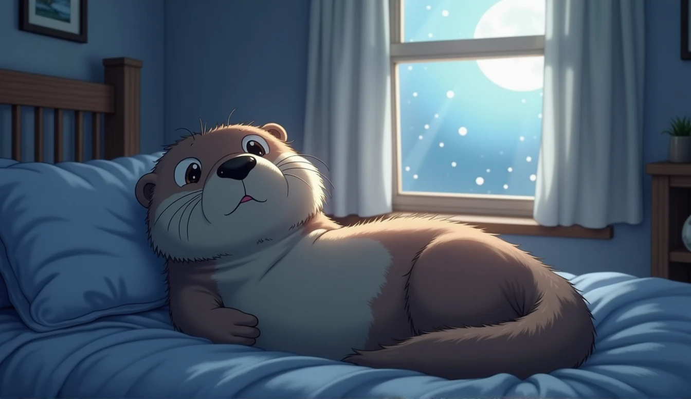 (Highest quality,expensive:1.2),Realistic,Stick Figures,Anime Big Tits,Cute sea otter,(night,Moonlight was streaming in through the little otter's bedroom window.,It lit up a corner of the room.)