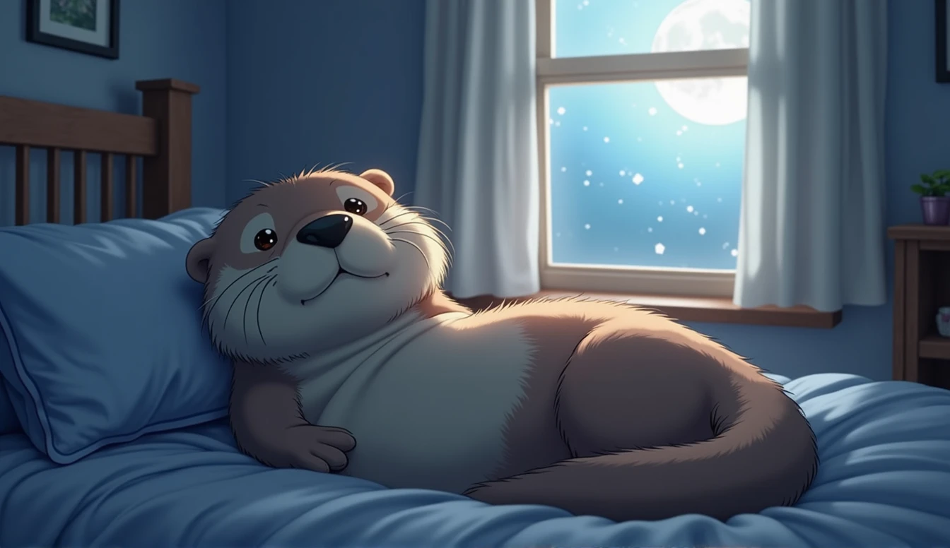(Highest quality,expensive:1.2),Realistic,Stick Figures,Anime Big Tits,Cute sea otter,(night,Moonlight was streaming in through the little otter's bedroom window.,It lit up a corner of the room.)