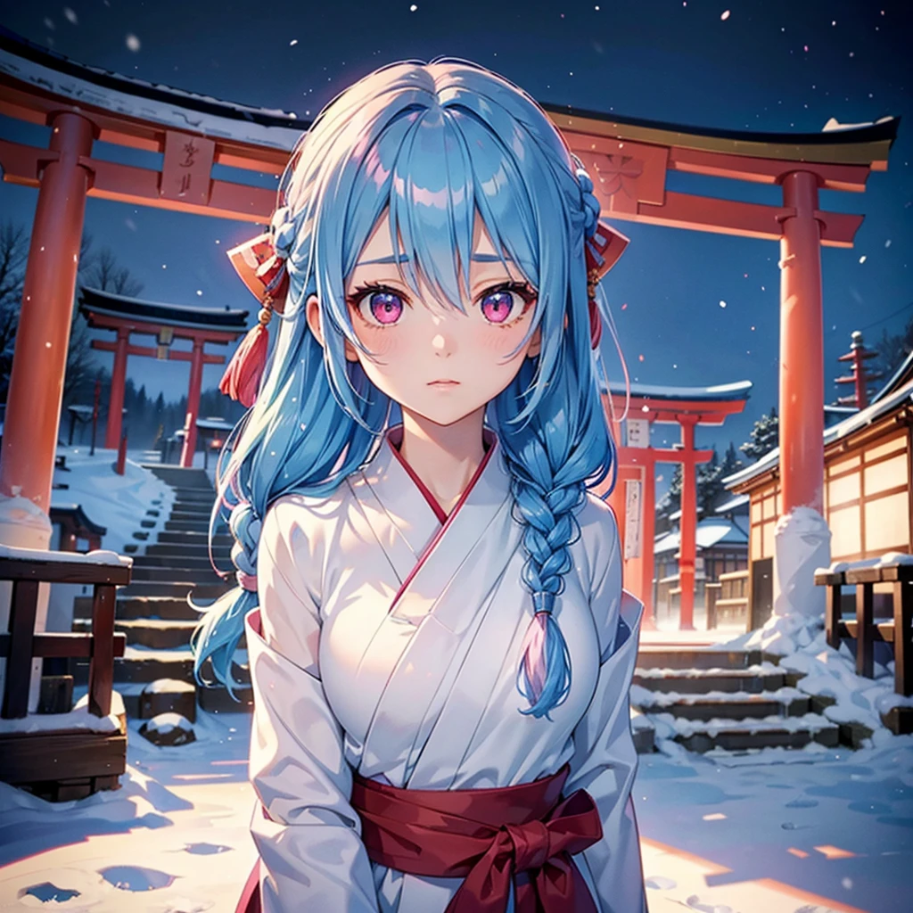 (Tying her sky blue hair into a single braid),(Pink Eyes),Fair skin,whole body,alone,Snowy Night,Drawing a fortune at a temple,torii,Shrine maiden、masterpiece, Highest quality, Very detailed, Best Shadow,Detailed Background,Beautifully detailed face,High Contrast,Best lighting, Very delicate and beautiful,Cinematic Light,Hyper Detail,8k,Dramatic Light,Exquisite detail,