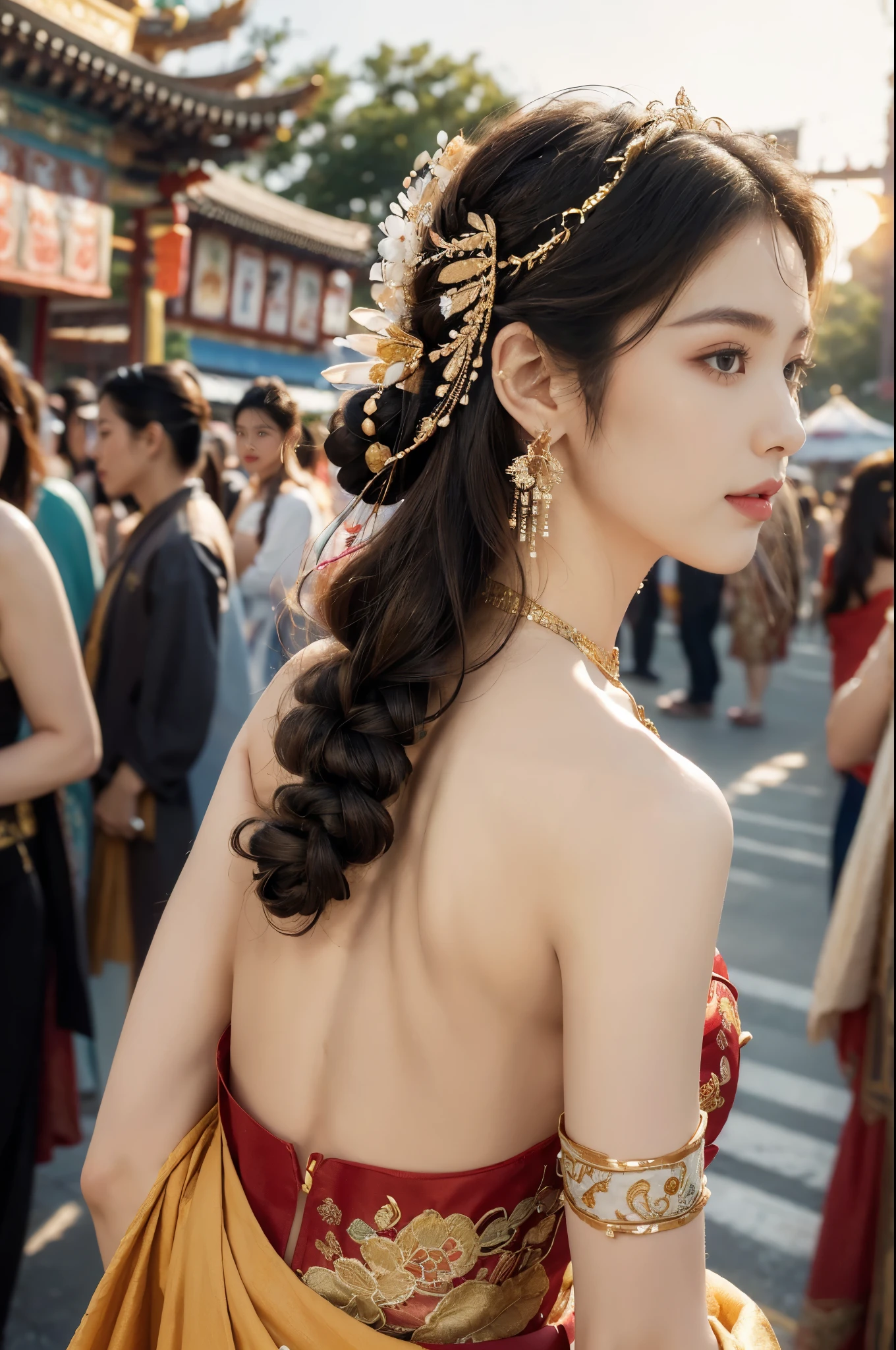 (((best quality))),(((ultra detailed))),(((masterpiece))),illustration,
((1 beautiful young girl,solo)),(bun hair:1.2)((slim,thin)),((small breasts,flat chest)),attractive, traditional Chinese attire,(Gorgeous and intricate headdress:1.3),((earrings,intricate necklace)),(strapless Exquisite embroidered maxi sleeveless sparkled dress:1.3),(standing:1.3),vibrant patterns, radiant complexion, joyful expression,(temple fair:1.3), bustling atmosphere, summer afternoon, sunny weather, cultural festival, street food, roasted skewers, steaming dumplings, sweet cotton candy, stalls, crafts, clothing, appreciative onlookers, sunset, ancient tradition, modern beauty, captivating scene, enchanting,(day scene:1.2),(surrounded by crowded crowds:1.3),((from back,upper body))