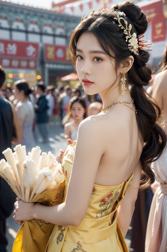 (((best quality))),(((ultra detailed))),(((masterpiece))),illustration,
((1 beautiful young girl,solo)),(bun hair:1.2)((slim,thin)),((small breasts,flat chest)),attractive, traditional Chinese attire,(Gorgeous and intricate headdress:1.3),((earrings,intricate necklace)),(strapless Exquisite embroidered maxi sleeveless sparkled dress:1.3),(standing:1.3),vibrant patterns, radiant complexion, joyful expression,(temple fair:1.3), bustling atmosphere, summer afternoon, sunny weather, cultural festival, street food, roasted skewers, steaming dumplings, sweet cotton candy, stalls, crafts, clothing, appreciative onlookers, sunset, ancient tradition, modern beauty, captivating scene, enchanting,(day scene:1.2),(surrounded by crowded crowds:1.3),((from back,upper body))
