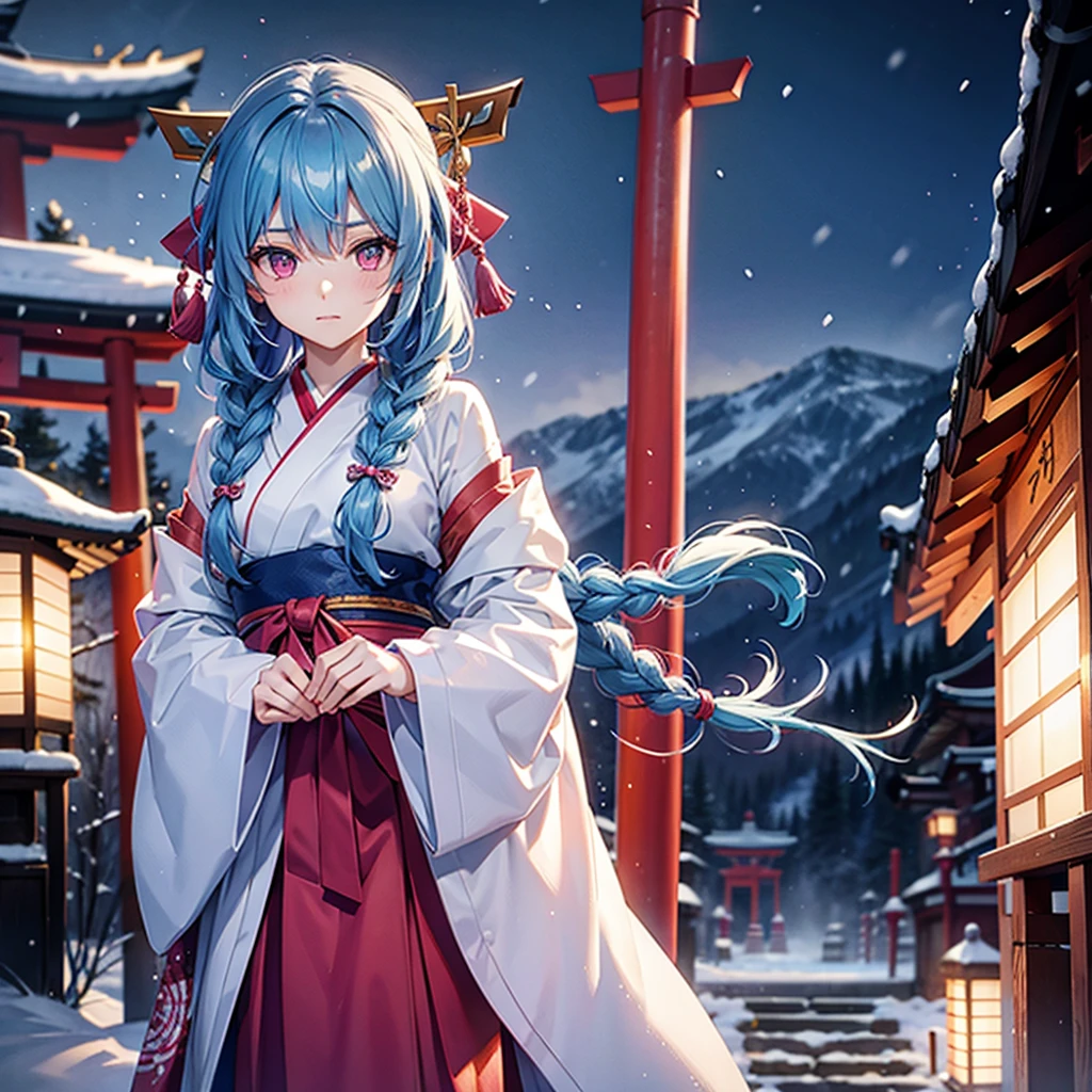 (Tying her sky blue hair into a single braid),(Pink Eyes),Fair skin,whole body,alone,Snowy Night,Drawing a fortune at a temple,torii,Shrine maiden、masterpiece, Highest quality, Very detailed, Best Shadow,Detailed Background,Beautifully detailed face,High Contrast,Best lighting, Very delicate and beautiful,Cinematic Light,Hyper Detail,8k,Dramatic Light,Exquisite detail,