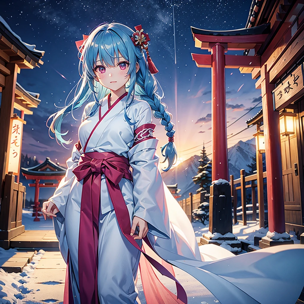 (Tying her sky blue hair into a single braid),(Pink Eyes),Fair skin,whole body,alone,Snowy Night,Drawing a fortune at a temple,torii,Shrine maiden、masterpiece, Highest quality, Very detailed, Best Shadow,Detailed Background,Beautifully detailed face,High Contrast,Best lighting, Very delicate and beautiful,Cinematic Light,Hyper Detail,8k,Dramatic Light,Exquisite detail,