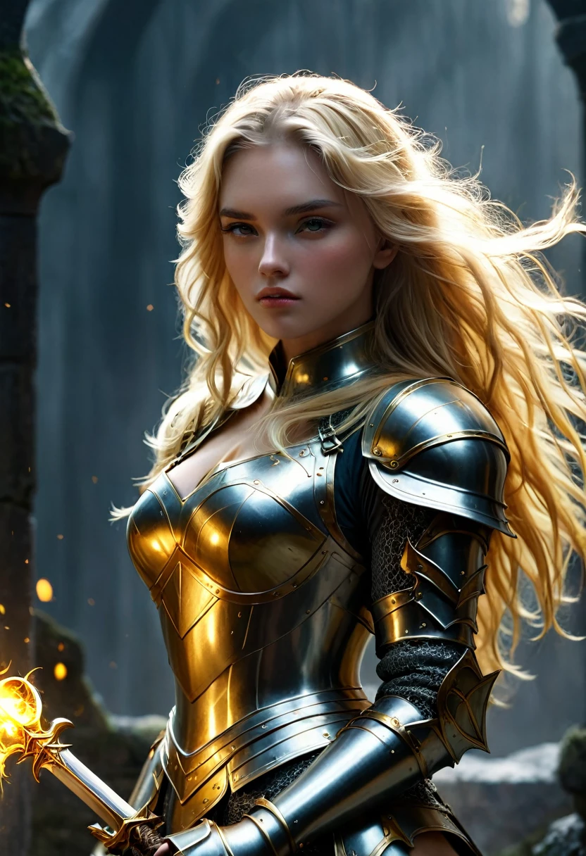 Long-haired blonde, Golden Knight in a Dark Fantasy 