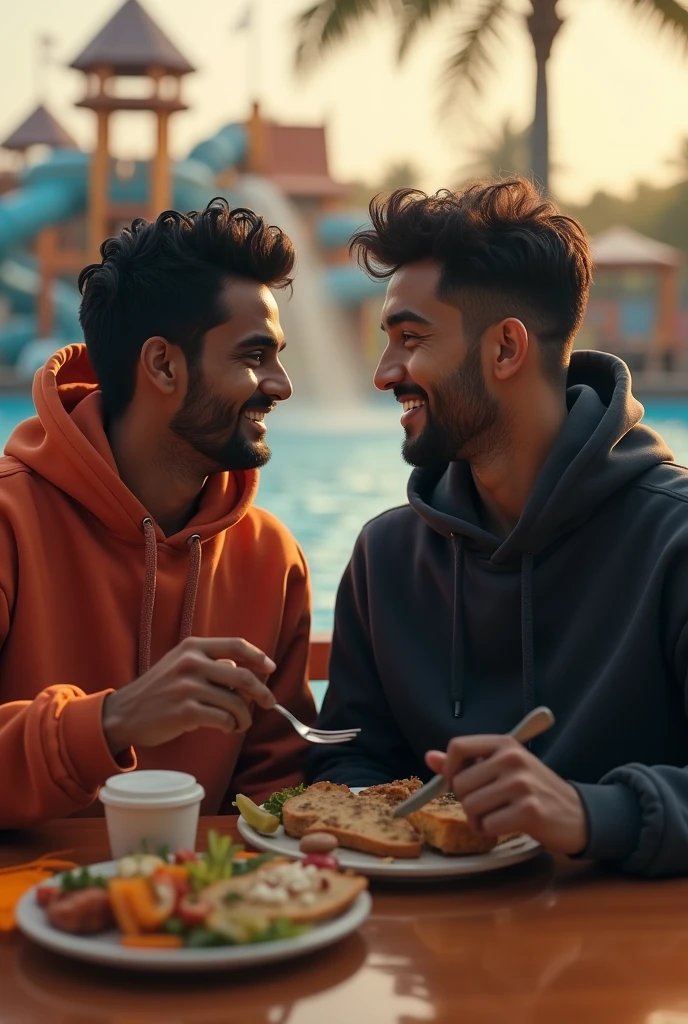 A realistic of two stylish indian young man wearing hoodies sitting on dyning table having their lunch with fair skin,Balck hair and black eyebrows with soft smile, high resolution, iphone 14 pro max , focus on details skin, behind the seen water park with low light sun reflection.,