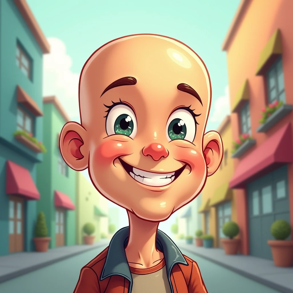 Cartoon of a young bald man