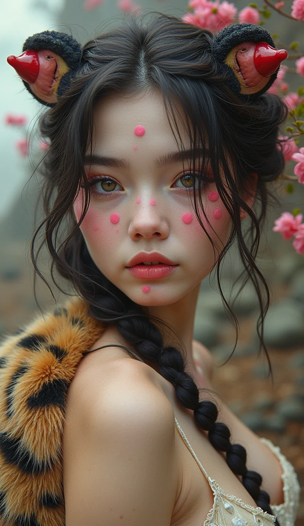 pretty woman with pink polka dots on face, 5 0 0 pixel model, bet, wild angle lens, airbrush, fur, mixed technique, published in Artscape, artogram, protagonist, tiger pelt, satyr, subtractive mixed lighting, reduce character overlap, golden ratio, contours