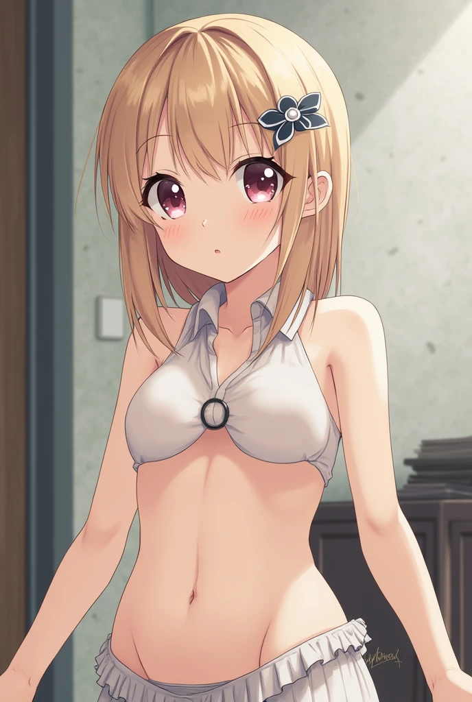 (dynamic angle),in the poolside, sitting, pale Light orange Hair, long hair, twintails, hair black ribbon, girl１, upper body, completely nude, (small nipples:1.2), (small areolas:1.2), kawaii, cute, pale purple eyes, (shy), (blush),evil smile,