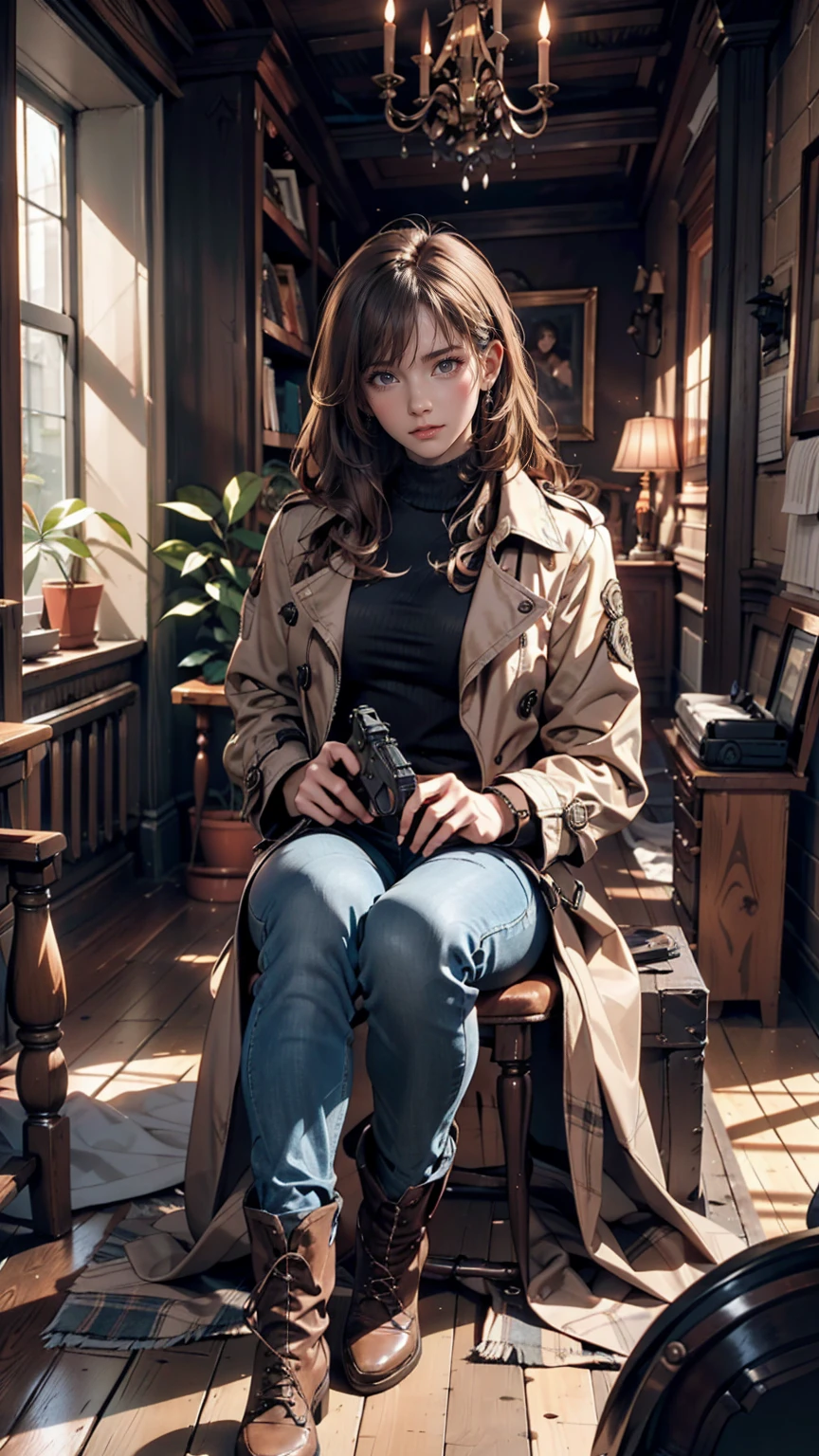 (Suspense Scene ((Concept Art)), Highly detailed image of a girl in jeans and a brown coat and boots), (Better lighting, Better Shadows, Very delicate and scary), (Digital Illustration), ((4K Painting)), [(Dynamic Angle,((One person)),Gray Hair, (Beautiful Face, Perfect Face, Scared,) Expressions of fear, Torn clothes, Holding a gun in your hand, Sitting on the floor, darkness, Scary House),  [:(dark, mysterious, Game Paint, An ominous setting, Jagged Hallway, Big House, silence):]