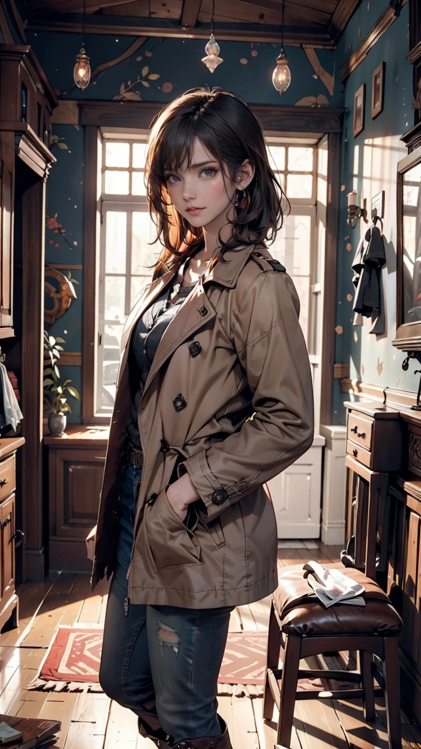 (Suspense Scene ((Concept Art)), Highly detailed image of a girl in jeans and a brown coat and boots), (Better lighting, Better Shadows, Very delicate and scary), (Digital Illustration), ((4K Painting)), [(Dynamic Angle,((One person)),Gray Hair, (Beautiful Face, Perfect Face, Scared,) Expressions of fear, Torn clothes, Holding a gun in your hand, Sitting on the floor, darkness, Scary House),  [:(dark, mysterious, Game Paint, An ominous setting, Jagged Hallway, Big House, silence):]