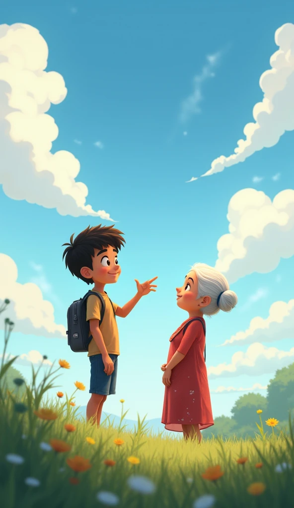 A 17 year boy Prasoon with his maternal grandmother showing something to her in clouds