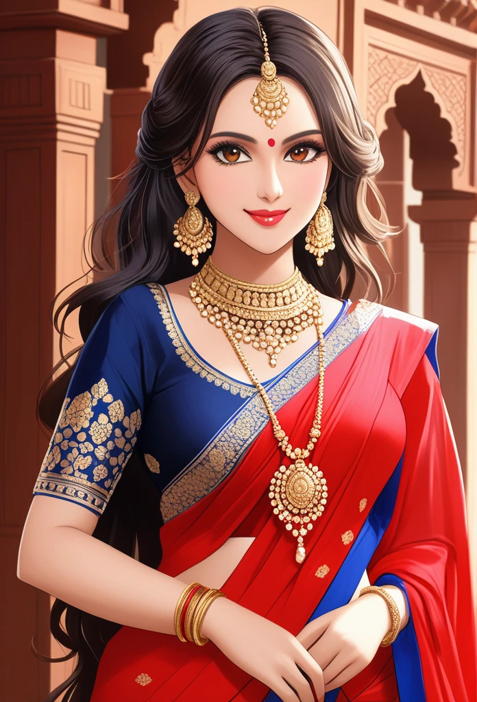 ((1woman, mature,single hair braid,saree, big long jhumka earrings , detailed alluring eyes, smooth detailed lips, beautiful face, smiling ,red lipstick ,navel,bangles,blue ribbon, sagging breasts ,full body view , cleavage