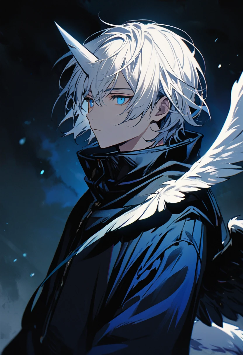 1 male, short hair, white hair, blue eyes, one horn on the side, one wing, one tail, human, cold gaze, cool, calm, expressionless, dark background, fantasy
