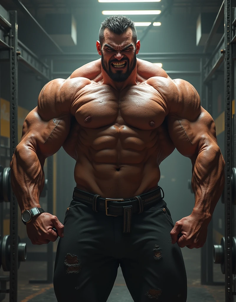 Angry face bodybuilder man in gym bigger biceps