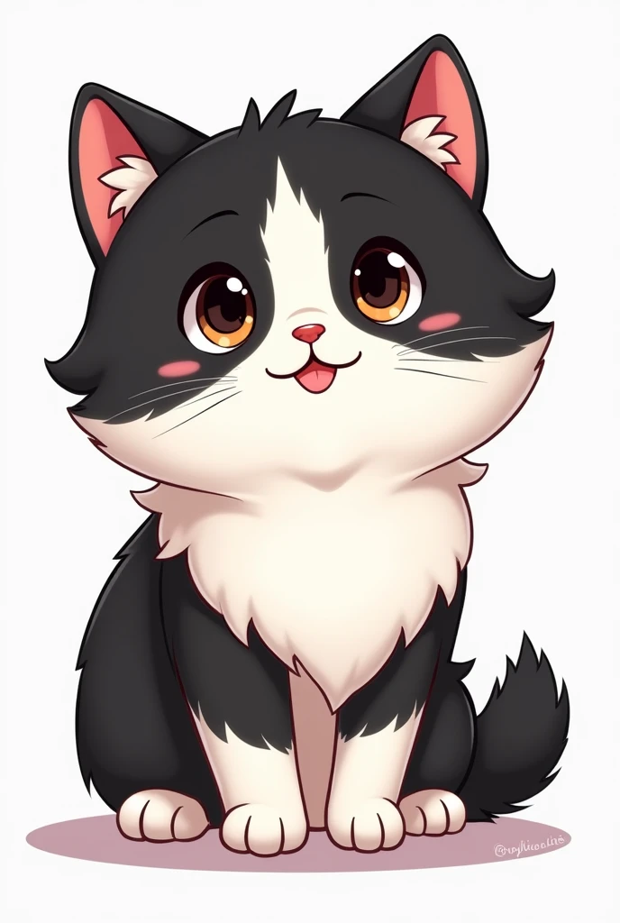 A cartoon Persian cat with a black and white body, a solid black tail, and a white face. The cat has black markings around both eyes that extend to cover the entire face and head, along with black whiskers. The cat has long, fluffy fur characteristic of Persian cats, large round eyes, and a playful yet elegant demeanor, combined with the affectionate nature typical of Persian cats
