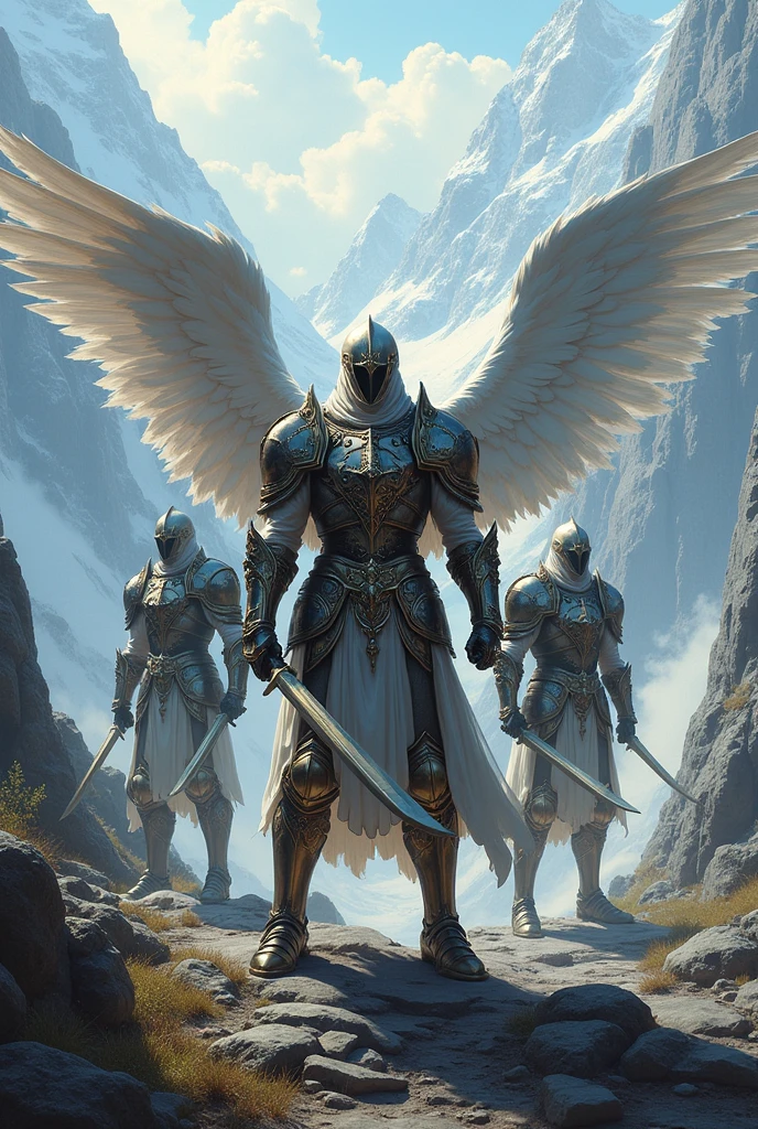 Three men in armor and swords, one with wings in the middle, in a mountainous area.