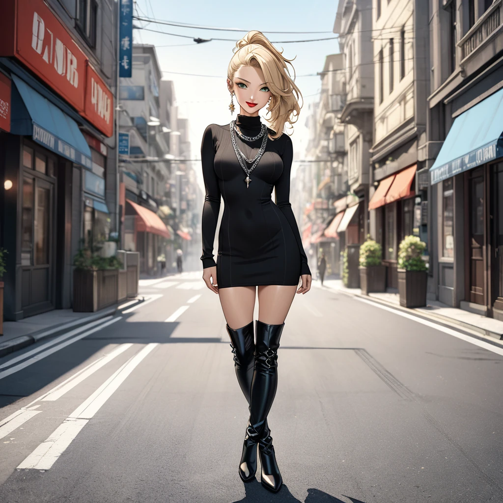 (((Masterpiece, hiquality, absurdress), 1Woman, blond hair, long hair, ponytail hair, green eyes, a perfect face, the perfect body, small breastes, sports body, short stature, solo, Detailed eyes and face, makeup, ((red-lips:1.3)), earings, ear piercings, turtleneck sweater dress, ((knee high boots:1.2)), Clavicles only, chain necklace, city street background, by Amano Akira, ((full body:1.5)), looking at viewer, elegant smile