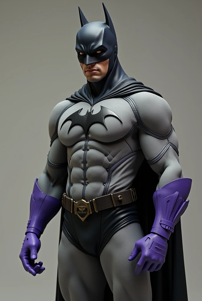 Batman wearing a simple cotton fabric, padded bodysuit with detailed stitching seams. Black leather trunks over the bodysuit. Purple gloves. No gauntlets and no spikes on gloves. Take inspiration from football uniforms from the 1930s. Photo realistic.